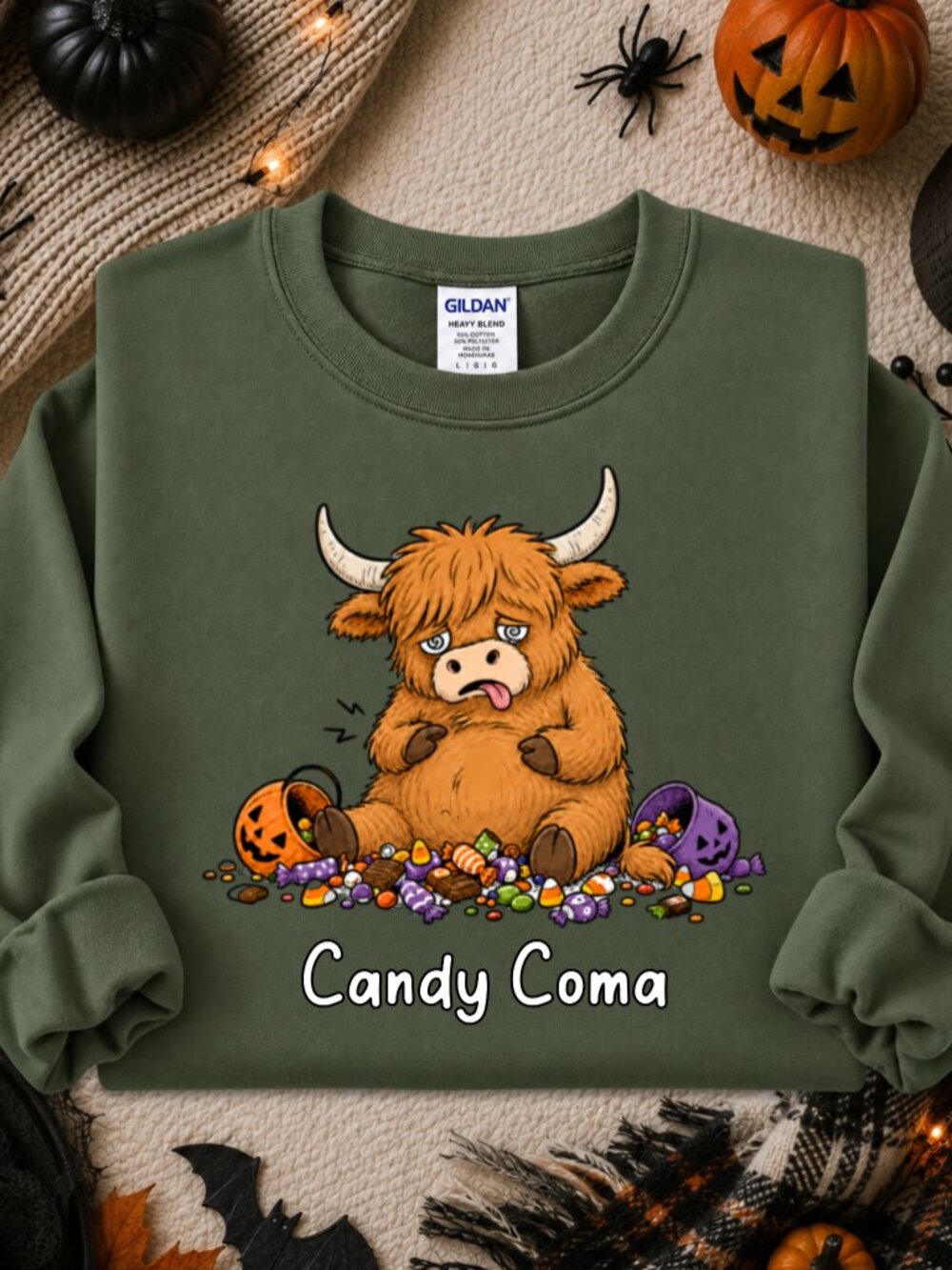 Halloween Highland Cow Sweatshirt Graphic Crewneck Trick Treat Candy Coma Funny